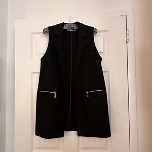 CHICO’S LONG BLACK VEST, SIZE (8) 1 , PONTE KNIT MATERIAL, SILVER HARDWARE